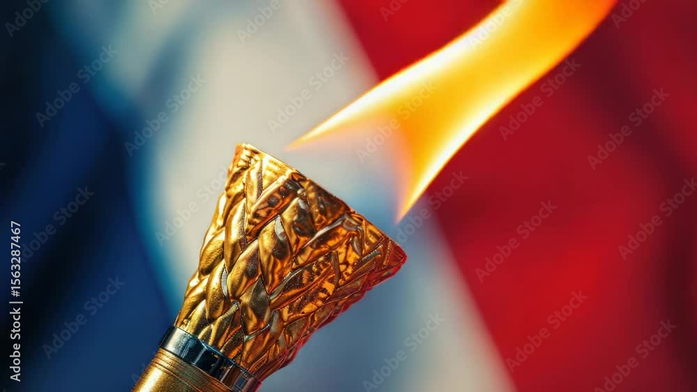 Poster Close-up of a torch with a flag visible in the background, suitable for patriotic or symbolic uses