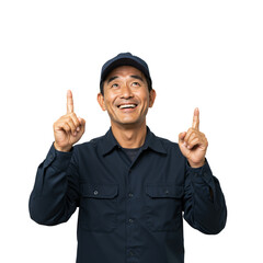 Cheerful Asian Male Worker in a Cap Pointing Upwards with a Smile Against a Black Background, Exemplifying Positive Attitude in the Workplace, Age Range 30-40