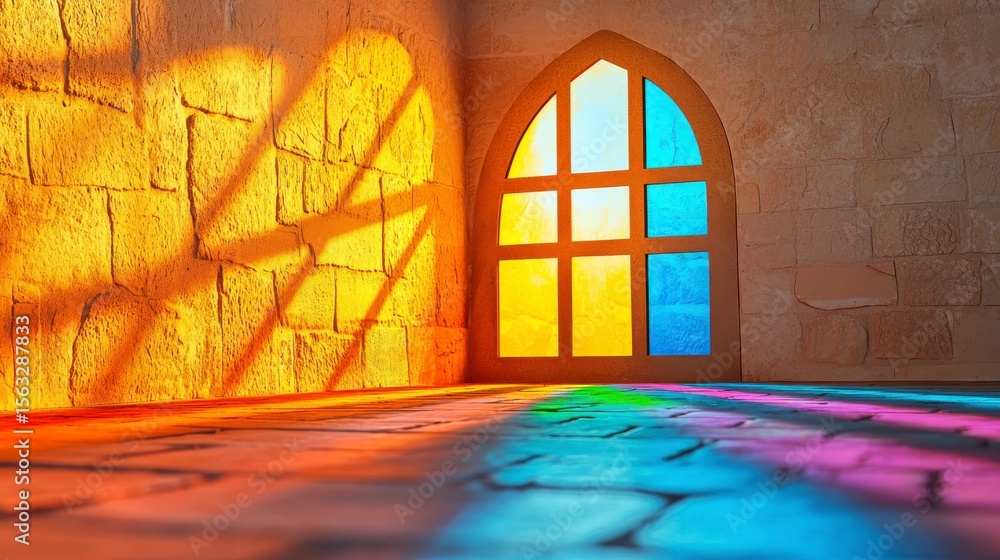 Poster stained glass window illumination: capturing the interplay of light and color through a vibrant stai