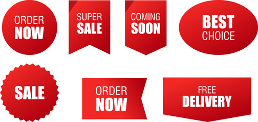 Best Choice, Order Now, Special Offer – Red Sale Banners, Ribbons, Tags, and Stickers Vector Set