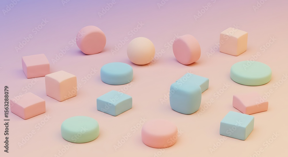 Poster pastel-colored geometric shapes arranged on a gradient background, creating a playful composition.