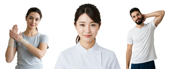 Fitness and Wellness Experts Featuring a Young Asian Woman in a White Uniform with Two Other Active Individuals Engaged in Stretching Exercises