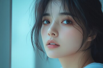 Young Asian woman looking in the mirror, worried about her facial skin and dark circles under her eyes, Generative AI