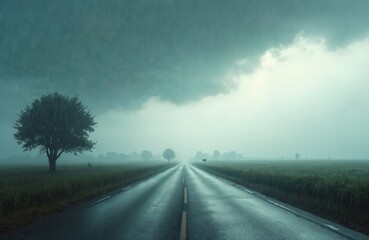 Rural road disappearing into distance under rainfall. Asphalt highway in country side. Lonely tree near road, moody scene. Travel, nature, journey, weather concept. Empty road, atmospheric landscape.