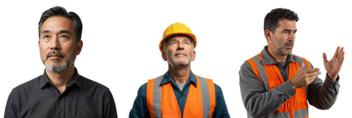 Diverse Group of Middle-Aged Male Workers Wearing Safety Gear and Casual Attire, Standing with Various Expressions Against Black Background