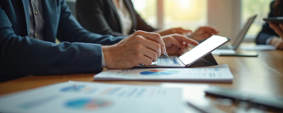 Business team at corporate meeting discussing financial report on digital tablet. Analysts assess business results, financial strategy. Teamwork, cooperation, finance analysis, presentation on work,