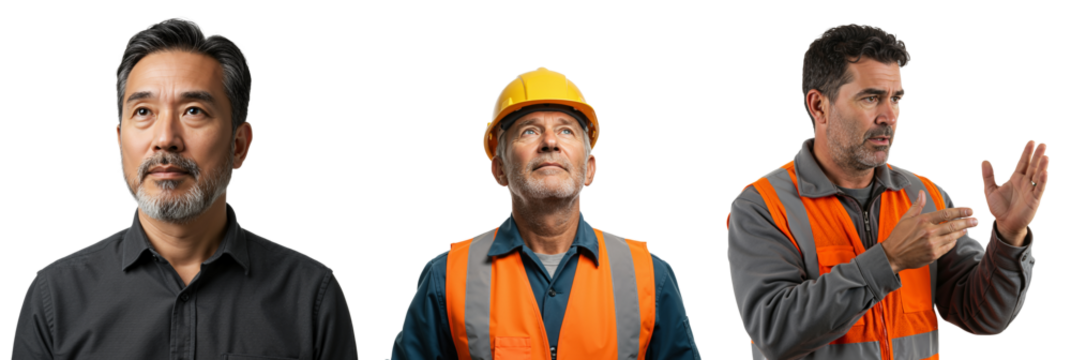 Diverse Group of Middle-Aged Male Workers Wearing Safety Gear and Casual Attire, Standing with Various Expressions Against Black Background