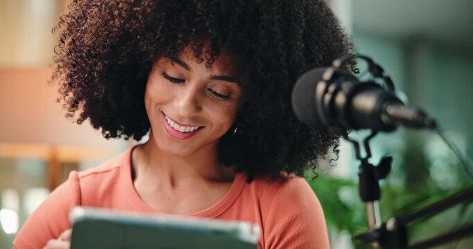 Woman, tablet and happy with typing for podcast with review, notes and application at media company. Person, tech and smile with thinking, checklist and editing script for content creation at studio