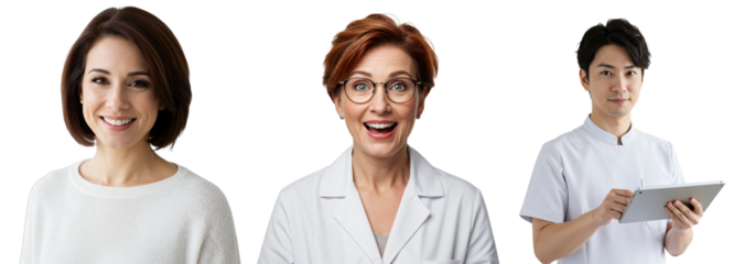 Healthcare Professionals Together: Caucasian Female Doctor, Asian Female Nurse, and Asian Male Technician Showcasing Their Roles in a Modern Medical Setting