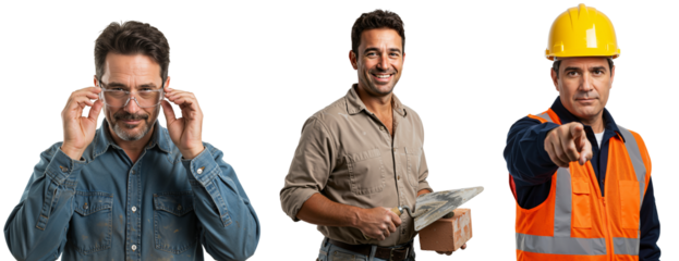 A Group of Three Male Construction Workers in Different Poses: One Adjusting Glasses, One Smiling While Holding a Tool, and One Directing with Confidence