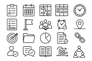 Project Management and Productivity Icon Set - Business Planning, Task Management, and Team Collaboration Vector Icons