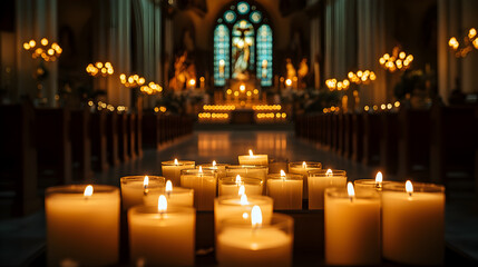 Rows of lit candles glowing warmly in a beautiful Catholic or Lutheran cathedral, with an ornate altar and crucifix softly illuminated in the background, symbolizing prayer, remembrance, an 12366243 4