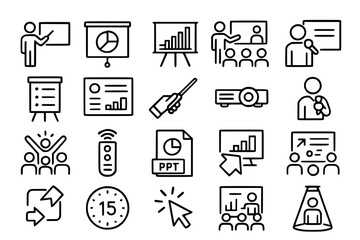 Obraz premium Business Presentation and Meeting Icon Set - Conference, Training, and Corporate Communication Vector Icons