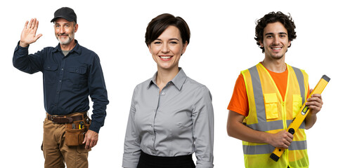 Diverse Workforce Representing Construction, Engineering, and Management: Male and Female Professionals with Various Skills in a Black Background