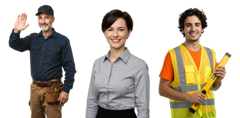 Diverse Workforce Representing Construction, Engineering, and Management: Male and Female Professionals with Various Skills in a Black Background