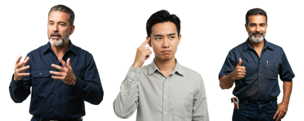 Diverse Group of Middle-Aged and Young Men Engaging in Communication, Displaying Various Emotions and Gestures Against a Black Background