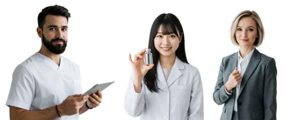 A Diverse Trio of Professionals: A Young Asian Female Doctor Holding Medical Device, a Bearded Caucasian Male with Tablet, and a Blonde Businesswoman in a Suit