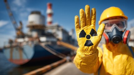 Man In Safety Suit And Protective Mask Standing Outside Atomic Power Plant On Sunny Day, Depicting Radiation Safety And Environmental Monitoring