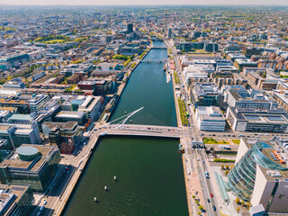 Aerial view of Dublin City, Ireland, featuring the majestic Liffey River