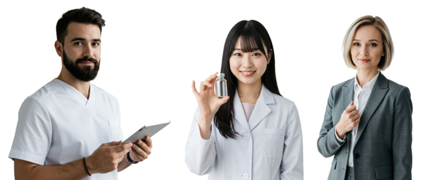 A Diverse Trio of Professionals: A Young Asian Female Doctor Holding Medical Device, a Bearded Caucasian Male with Tablet, and a Blonde Businesswoman in a Suit