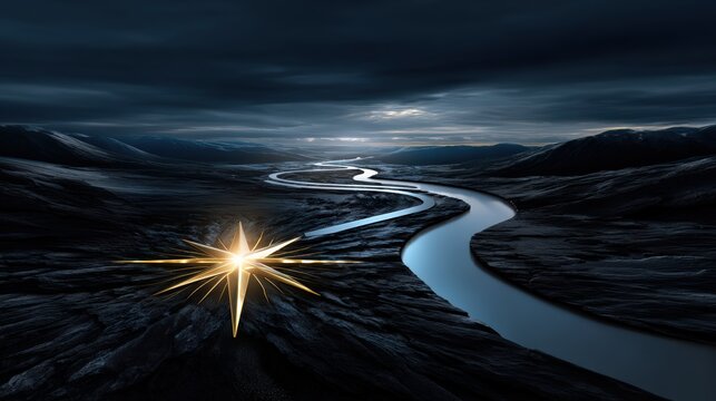 Glowing Starburst Over River Under Dark Sky - Powered by Adobe