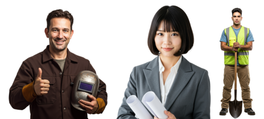 Diverse Workers in Various Industries: Middle-Aged Hispanic Welder Giving Thumbs Up, Young Asian Female Architect Holding Blueprints, Young Adult Indian Construction Laborer with Shovel