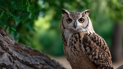 Fototapeta premium Alert Owl Perched on Tree Trunk in Forest Setting