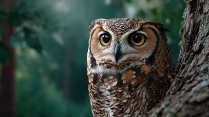 Great Horned Owl Perched on Tree in Forest Setting