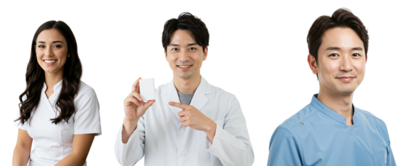Three Professionals in Healthcare: A Young Male Doctor in White Coat, a Female Nurse in Scrubs, and a Male Healthcare Worker Smiling and Holding a Small Package Against a Plain Black Background