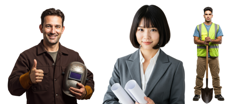  Diverse Workers in Various Industries: Middle-Aged Hispanic Welder Giving Thumbs Up, Young Asian Female Architect Holding Blueprints, Young Adult Indian Construction Laborer with Shovel