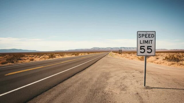 Wide open desert highway, clear blue sky, speed limit 55 sign on right side