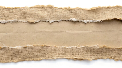 A strip of burlap with a torn edge frames a piece of cardboard, isolated on white background