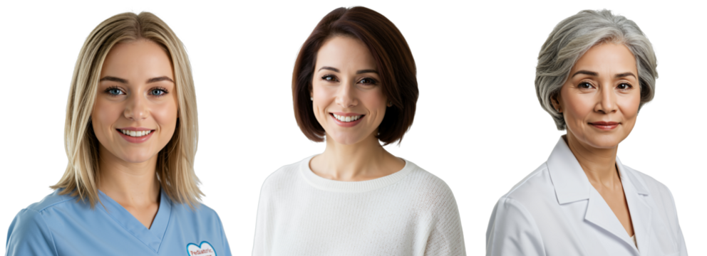 A Diverse Group of Female Healthcare Professionals Representing Various Ages and Ethnicities in Medical Attire Against a Dark Background