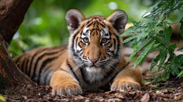 Young Tiger Cub Resting on Forest Floor