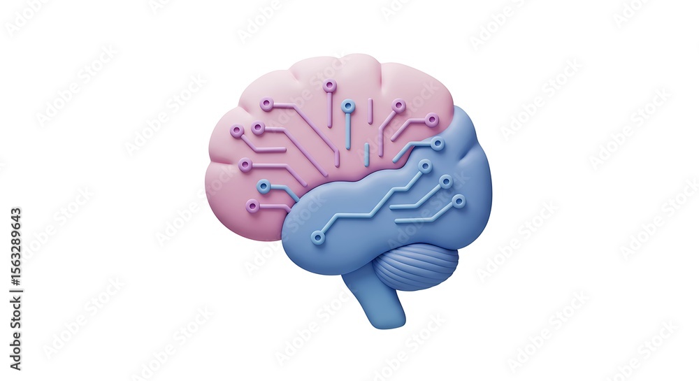 Poster artistic depiction of a brain with integrated circuit patterns, representing technology.