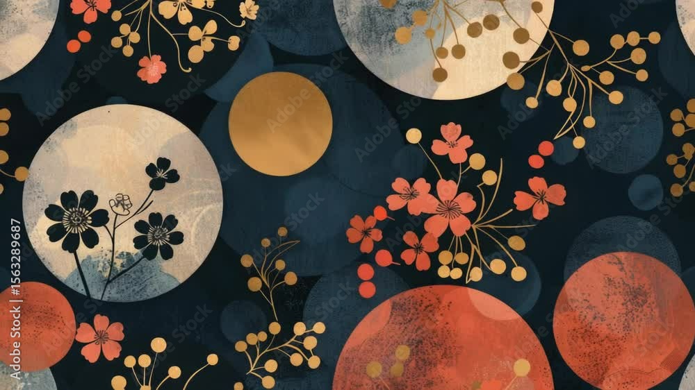 Poster a geometric design featuring interconnected circles and flowers on a dark background