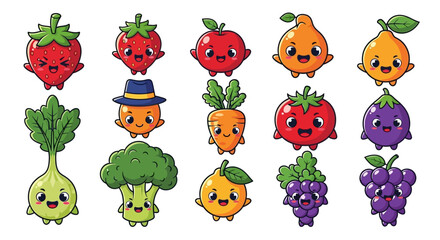 Cute Cartoon Fruit and Vegetable Characters with Funny Faces