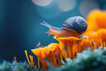 Snail on colorful fungi in a vibrant setting.