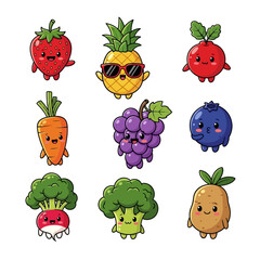 Fototapeta premium Cute Kawaii Fruits and Vegetables