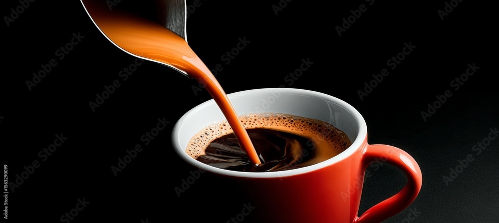 Poster aromatic coffee being poured into a striking warm ruby red cup creating unique abstract forms.
