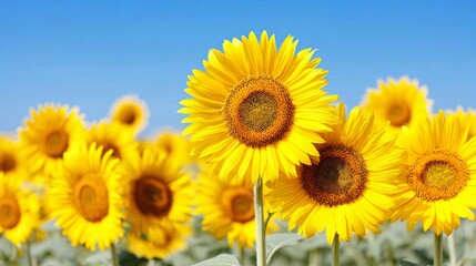 Fototapeta premium Sunflowers in full bloom under clear blue sky, vibrant yellow and green tones, cheerful summer mood, background, with space for text.