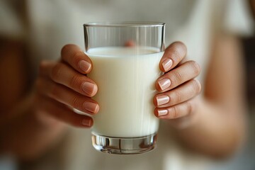 Young Asian woman holding a glass of milk in the kitchen, Generative AI