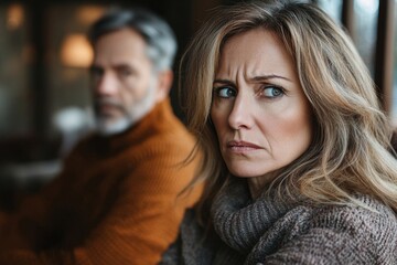 Sad mature woman sitting away from her husband after having a quarrel, Generative AI