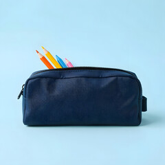 Pencil case with stationery: Vector image of an open pencil case with various stationery items (pencils, pens, scissors) on a clean background.