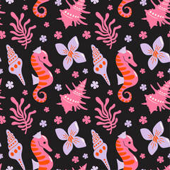 Tropical aesthetic, summer vacation vibes, holiday themed seamless vector pattern with cute groovy funky cartoon illustration of sea, ocean beach objects, shells, exotic flowers, coral reef, seahorse