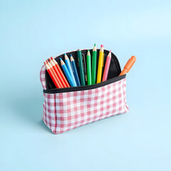 Pencil case with stationery: Vector image of an open pencil case with various stationery items (pencils, pens, scissors) on a clean background.