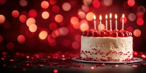 Celebration cake with lit candles and festive background during a joyful birthday party