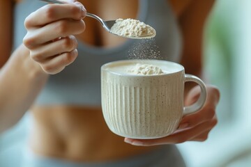 Close-up of a spoon while a young sporty woman pours protein powder into a cup to make a replacement food meal after a workout, Generative AI
