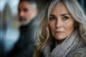 Sad mature woman sitting away from her husband after having a quarrel, Generative AI