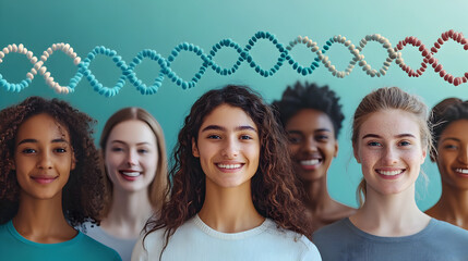 Diverse group of men and women of various ethnicities standing united with colorful DNA helix strands in the background, representing genetic testing, human diversity, and collaborative sci 49584856 1